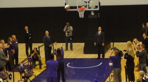 K-State senior guard Brittany Chambers sinks a free throw during the dedication of the new basketball training facility.