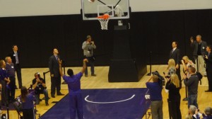 K-State senior guard Rodney McGruder knocks down a free throw at the dedication for the new basketball practice facility.
