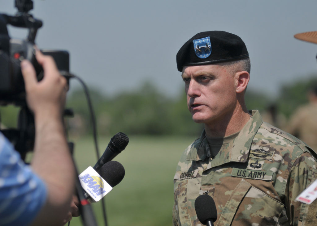 Maj. Gen. Wayne W. Grigsby Jr., the 1st Infantry Division and Fort Riley commanding general, conducts an on-camera interview following the Victory Week 2016 division review on Cavalry Field June 10.  (Photo courtesy 1st ABCT Public Affairs Office)