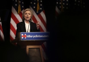 Democratic presidential candidate Hillary Rodham Clinton speaks at a campaign event in New York, Monday, July 13, 2015. Clinton outlined the themes of her economic agenda in the speech at The New School in New York City. (AP Photo/Seth Wenig)