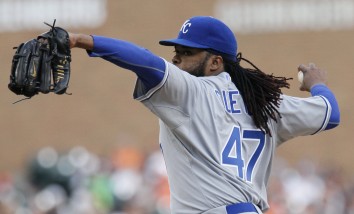 Kansas City Royals' Johnny Cueto (47) pitches against the Detroit Tigers during the first inning of a baseball game at Comerica Park Wednesday, Aug. 5, 2015 in Detroit. (AP Photo/Duane Burleson)