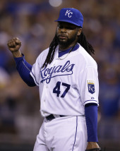 Kansas City Royals starting pitcher Johnny Cueto celebrates the final out of a baseball game against the Detroit Tigers at Kauffman Stadium in Kansas City, Mo., Monday, Aug. 10, 2015. The Royals defeated the Tigers 4-0. (AP Photo/Orlin Wagner)