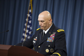 Retiring Army Chief of Staff Gen. Ray Odierno pauses during his final news briefing at the Pentagon, Wednesday, Aug. 12, 2015. Odierno said the U.S. should consider embedding American forces in Iraqi units to help advise them if officials conclude that the Iraqi military backed by U.S. and coalition airstrikes is not making enough progress against the Islamic State.  (AP Photo/Evan Vucci)