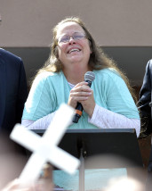 Rowan County Clerk Kim Davis pauses as she speaks after being released from the Carter County Detention Center, Tuesday, Sept. 8, 2015, in Grayson, Ky. Davis, the Kentucky county clerk who was jailed for refusing to issue marriage licenses to gay couples, was released Tuesday after five days behind bars.   (AP Photo/Timothy D. Easley)