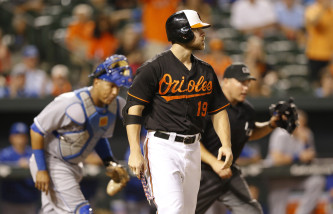 Baltimore Orioles' Chris Davis looks toward Kansas City Royals relief pitcher Franklin Morales after being hit by a pitch in the eighth inning of a baseball game, Friday, Sept. 11, 2015, in Baltimore. (AP Photo/Patrick Semansky)