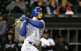 Kansas City Royals' Eric Hosmer watches his two-run home run off Chicago White Sox relief pitcher David Robertson during the 10th inning of a baseball game Wednesday, Sept. 30, 2015, in Chicago. The Royals won 5-3. (AP Photo/Charles Rex Arbogast)