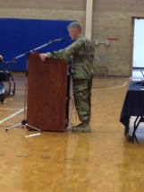 Commanding General of the 1st Infantry Division and Fort Riley, Maj. Gen. Wayne W. Grigsby, speaks to onlookers inside Peace Memorial Auditorium Wednesday as a part of Manhattan's Veterans Day celebration. (Staff photo by Cathy Dawes) 