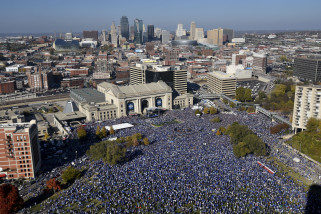 Thousands of people rally to celebrate the Kansas City Royals winning baseball's World Series Tuesday, Nov. 3, 2015, in Kansas City, Mo. The Royals beat the New York Mets in five games to win the championship. (AP Photo/Reed Hoffmann)