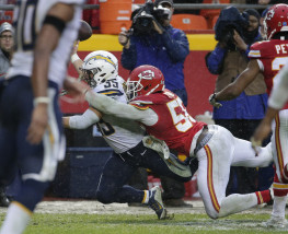 Kansas City Chiefs linebacker Dee Ford (55) breaks up a pass intended for San Diego Chargers running back Danny Woodhead (39) in the last play of the second half of an NFL football game in Kansas City, Mo., Sunday, Dec. 13, 2015. The Kansas City Chiefs won 10-3. (AP Photo/Charlie Riedel)