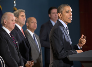 President Barack Obama speaks at the National Counterterrorism Center in McLean, Va.,Thursday, Dec. 17, 2015. Joining him, from left are,, Vice President Joe Biden, Secretary of State John Kerry, Homeland Security Secretary Jeh Johnson, and FBI Director James Comey. The president said U.S. intelligence and counter-terrorism professionals dont have any specific, credible information suggesting a terrorist attack on the U.S. during the holidays. (AP Photo/Pablo Martinez Monsivais)