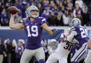 Kansas State wide receiver Kody Cook (19) passes against Arkansas in the first half of the Liberty Bowl NCAA college football game Saturday, Jan. 2, 2016, in Memphis, Tenn. (AP Photo/Mark Humphrey)