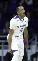Kansas State's Barry Brown celebrates after making a 3-point shot during the first half of an NCAA college basketball game against Texas Tech Tuesday, Jan. 12, 2016, in Manhattan, Kan. (AP Photo/Charlie Riedel)
