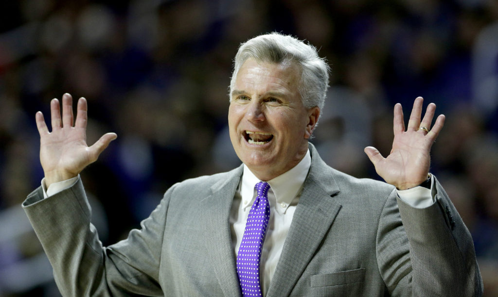 Kansas State head coach Bruce Weber talks to his players during the first half of an NCAA college basketball game against Baylor Wednesday, Feb. 10, 2016, in Manhattan, Kan. (AP Photo/Charlie Riedel)