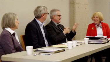 State Sen. Tom Hawk of Manhattan, third from left, speaks to members of Manhattan's Women for Kansas chapter on April 3, 2016, at the Manhattan Public Library. Hawk is joined by Rep. Susie Swanson of Clay Center, Rep. Tom Philips of Manhattan and Manhattan resident Lana Oleen, right, who moderated the discussion and was the former Senate Majority Leader in Topeka in 2003. (File photo)