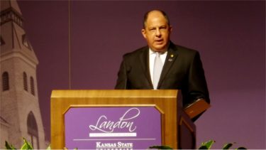 Costa Rica President Luis Guillermo Solís speaks in K-State's Forum Hall Thursday evening. He was the 172nd speaker in the university's Landon Lecture Series. (Staff photos by Brady Bauman)