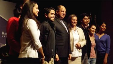 Costa Rica President Luis Guillermo Solís poses for a picture with K-State students from Costa Rica after Thursday night's Landon Lecture in Forum Hall. 