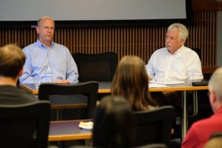 Andrew Weber (left) and Dave Elliot (right) taking questions at the College of Veterinary Medicine at K-State.