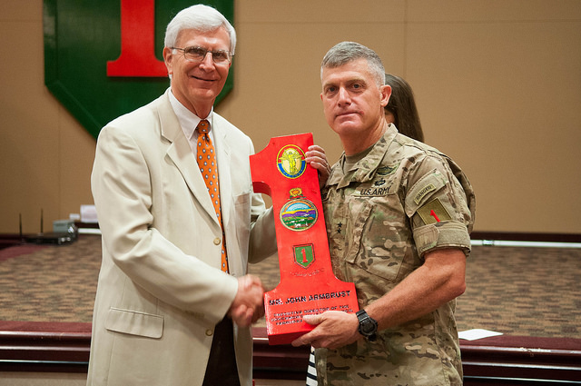 Departing Executive Director of the Governor's Military Council, John Armbrust, left, stands with Maj. Gen. Wayne W. Grigsby, Jr., Commanding General of the 1st Infantry Division and Fort Riley, Thursday. (Photo courtesy 1st adfadfa