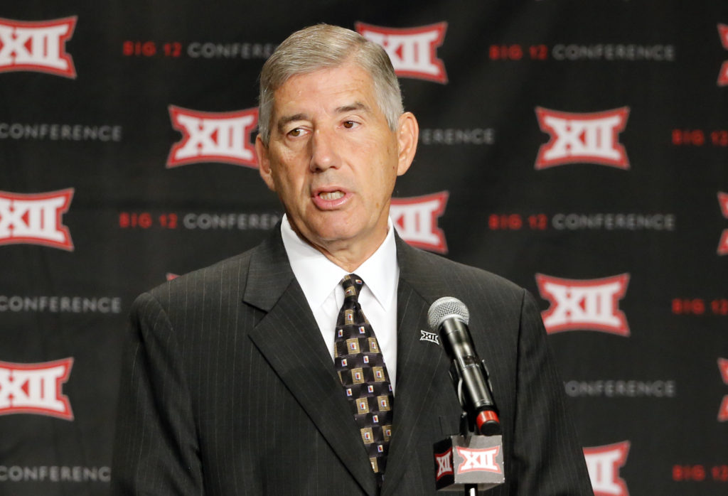 Big 12 commissioner Bob Bowlsby addresses attendees during Big 12 media day, Monday, July 18, 2016, in Dallas. With expansion still an unsettled issue for the Big 12 Conference, Commissioner Bowlsby gave his annual state of the league address to open football media days. And a day later he meets with the league's board of directors. (AP Photo/Tony Gutierrez)