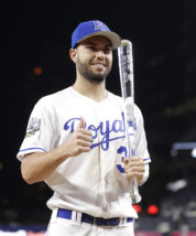 American League's Eric Hosmer, of the Kansas City Royals, holds the MVP award after the MLB baseball All-Star Game, Tuesday, July 12, 2016, in San Diego. The American League won 4-2. (AP Photo/Gregory Bull)