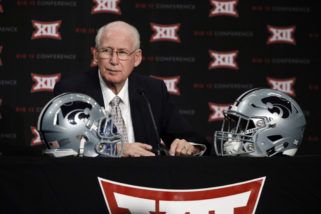 Kansas State head football coach Bill Snyder addresses attendees at Big 12 Conference Football Media Days Monday, July 20, 2015, in Dallas. (AP Photo/Tony Gutierrez)