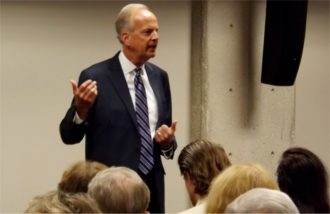 U.S. Sen. Jerry Moran (R-Kan.) speaks to constituents in the Manhattan Public Library Friday night for a town hall stop. (Staff photos by Brady Bauman)