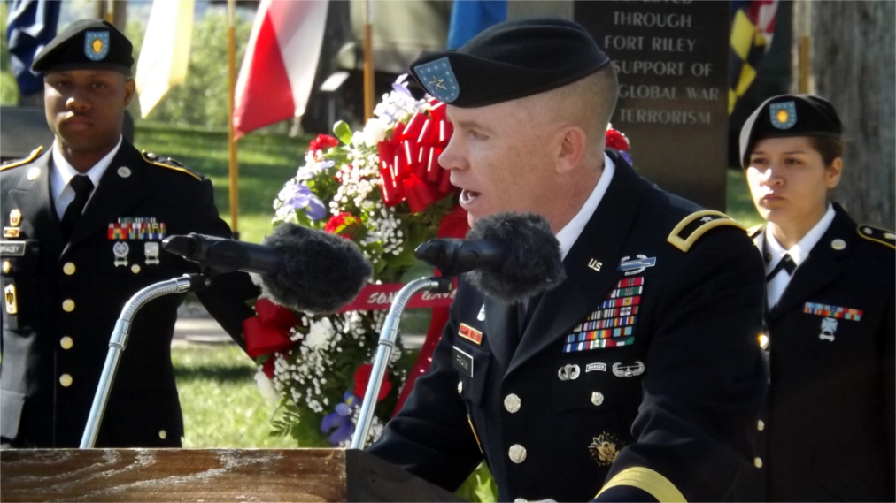 Brig. Gen. Patrick Frank, 1st Infantry Division deputy commanding general, makes his keynote address Sunday for the 15th 9/11 Commemoration Ceremony at Fort Riley. (Staff photos by Brady Bauman)