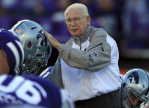 Kansas State head coach Bill Snyder greets players before an NCAA college football game against Texas Tech in Manhattan, Kan., Saturday, Oct. 8, 2016. (AP Photo/Orlin Wagner)