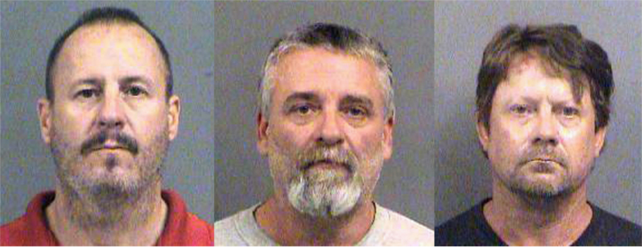 These booking photos provided by the Sedgwick County Sheriff’s Office in Wichita shows three members of a Kansas terror group who were charged Friday with plotting to bomb an apartment building filled with Somali immigrants in Garden City. Pictured from left are Curtis Allen, Gavin Wright and Patrick Stein.  (Sedgwick County Sheriff’s Office via AP, File)