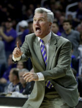 Kansas State head coach Bruce Weber yells to his players during the second half of an NCAA college basketball game against Texas Tech, Tuesday, Jan. 12, 2016, in Manhattan, Kan. Kansas State won 83-70. (AP Photo/Charlie Riedel)