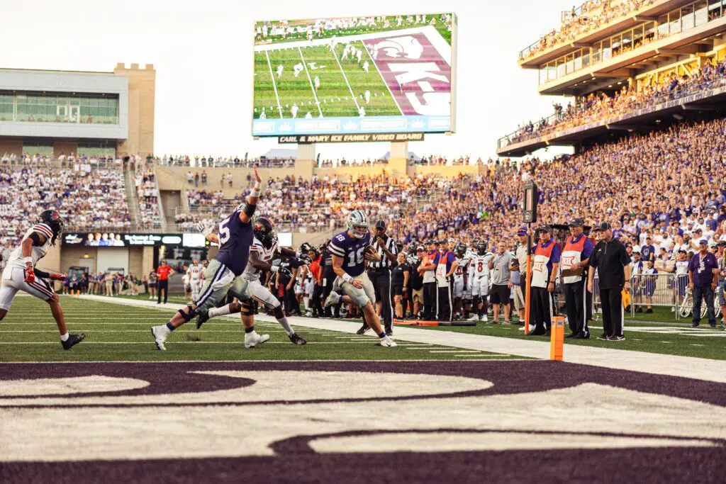 Kansas State quarterback Will Howard rushes for a touchdown against SEMO in the first half of their game on Sept. 2, 2023. K-State Athletics photo.