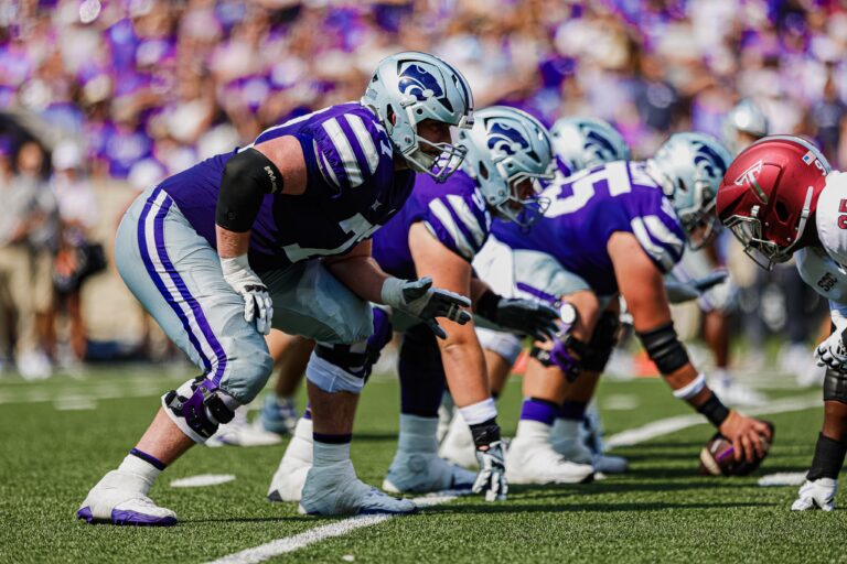 The Kansas State offensive line works against the defense of Troy at Bill Snyder Family Stadium, Sept. 9, 2023